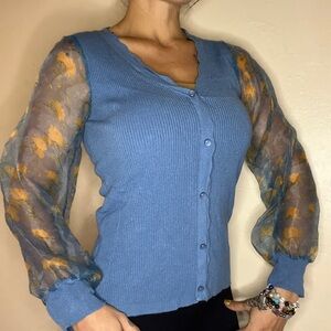 Blue RARE Blouse Sheer Floral Sleeves